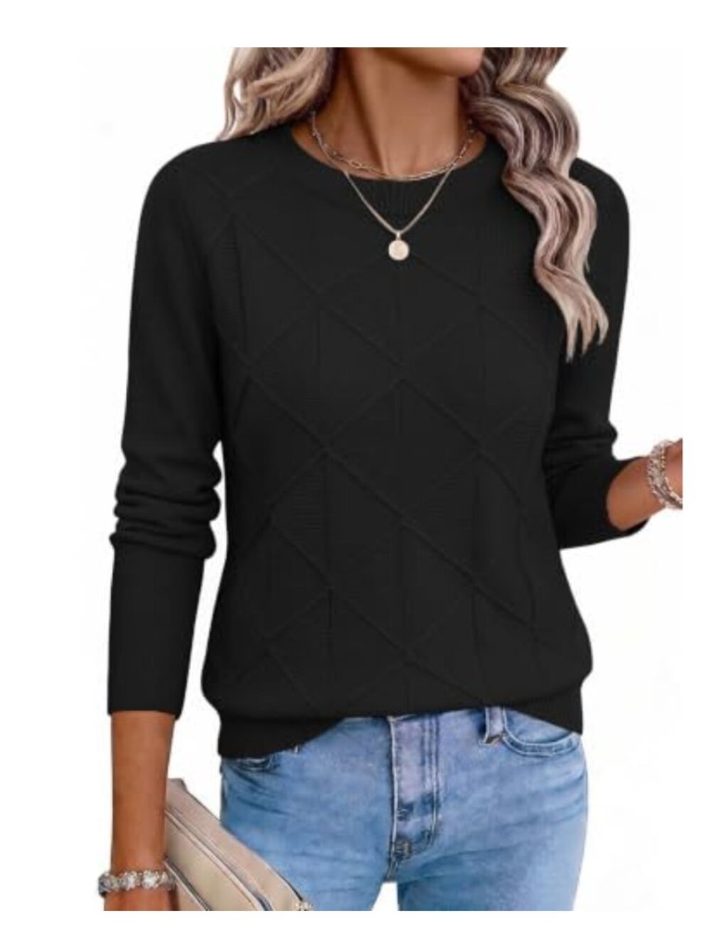 Womens Cable Knit Crewneck Long Sleeve Pullover Sweater Soft Stretchy
